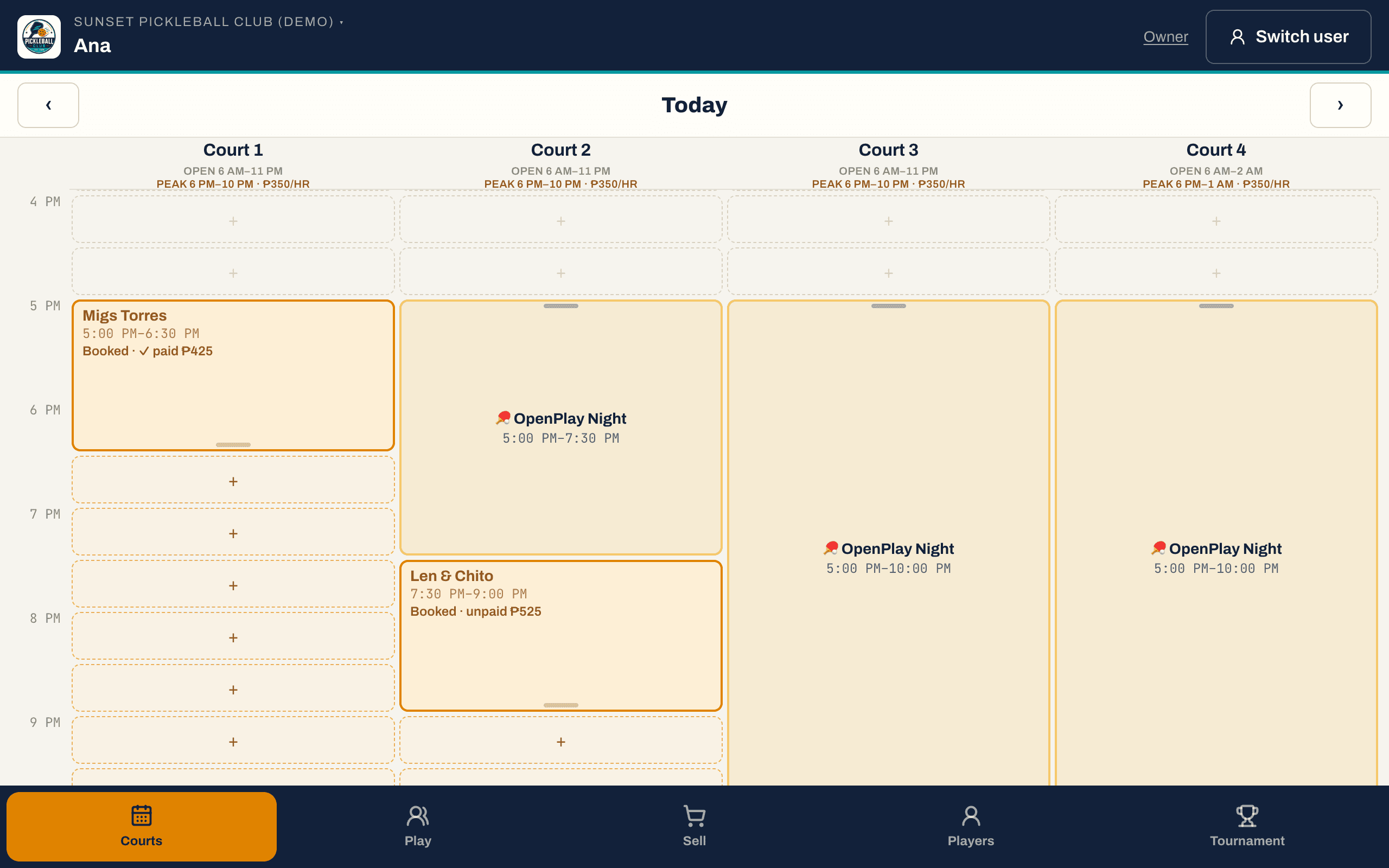 The DinkDesk court grid: a venue's day across six courts, with open play blocks, walk-ins and who has paid