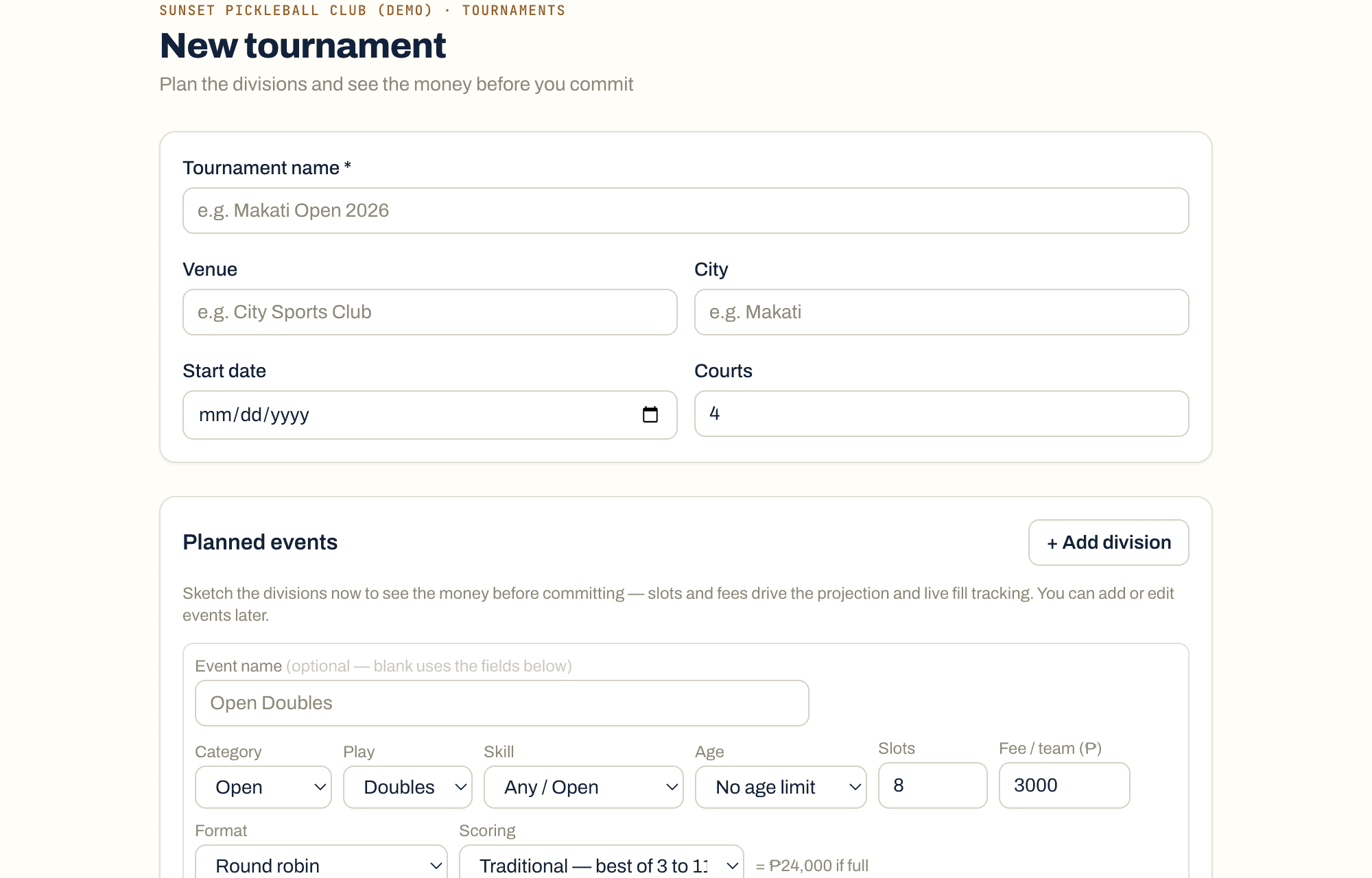 Creating a tournament in DinkDesk: divisions, formats and entry fees on one form