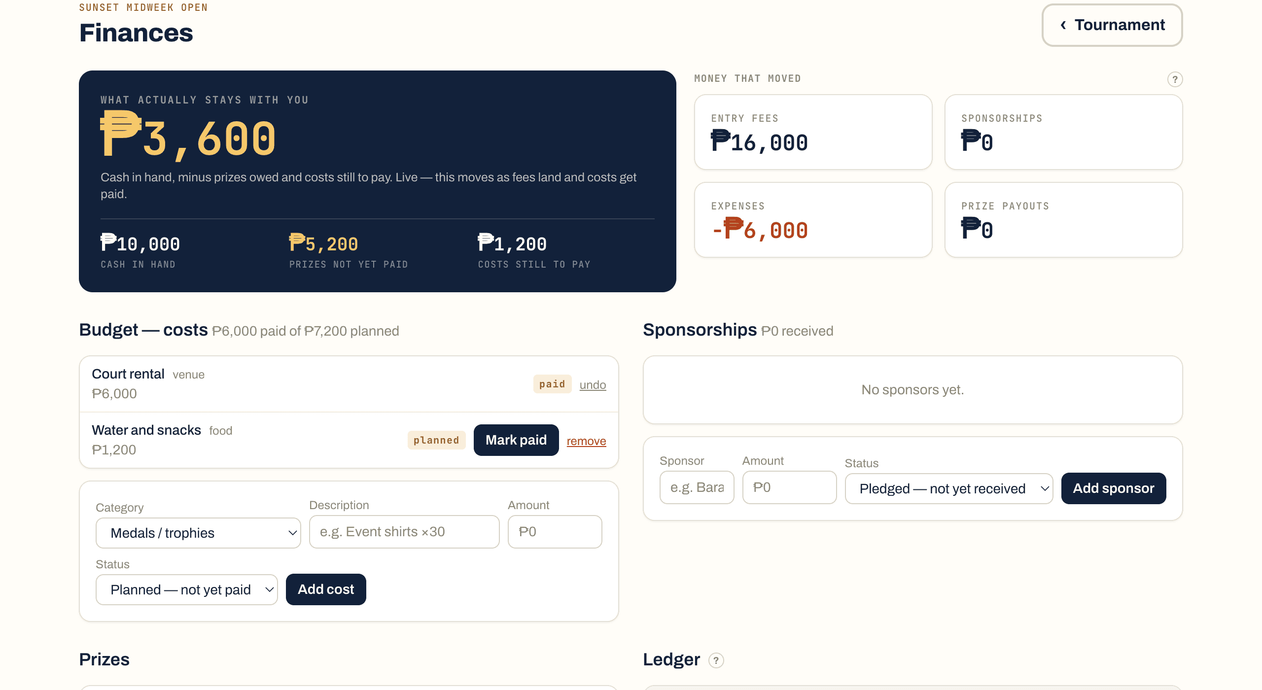The DinkDesk event finance screen: take-home, expenses, outstanding fees and the break-even line