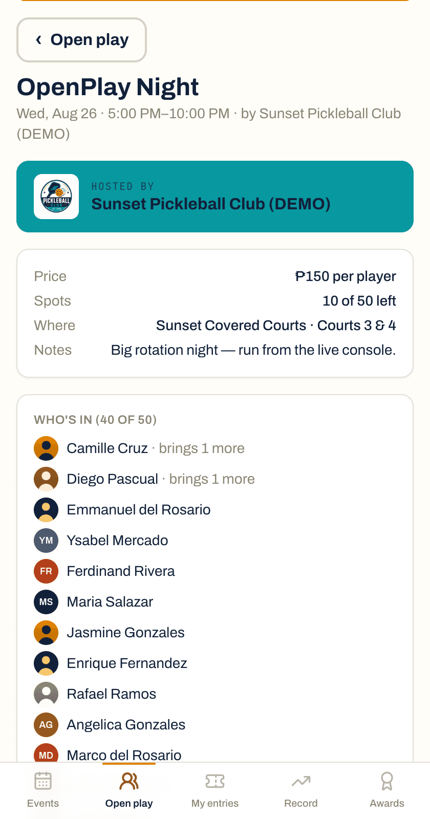 An open play night on a player's phone: price per player, spots left, skill level, the courts it runs on and who has already reserved