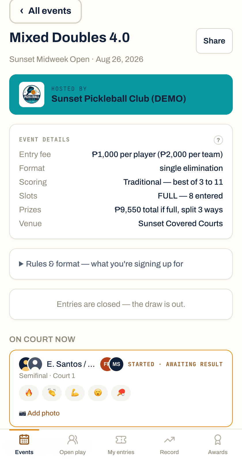 A tournament division on a player's phone: entry fee, format, scoring, slots left and what is on court now